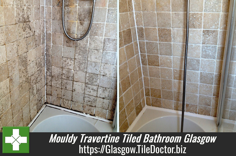 Mouldy Travertine tiled bathroom cleaned in Glasgow