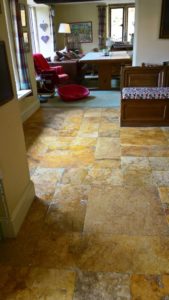 Travertine Kitchen Floor in Greet After Cleaning and Sealing