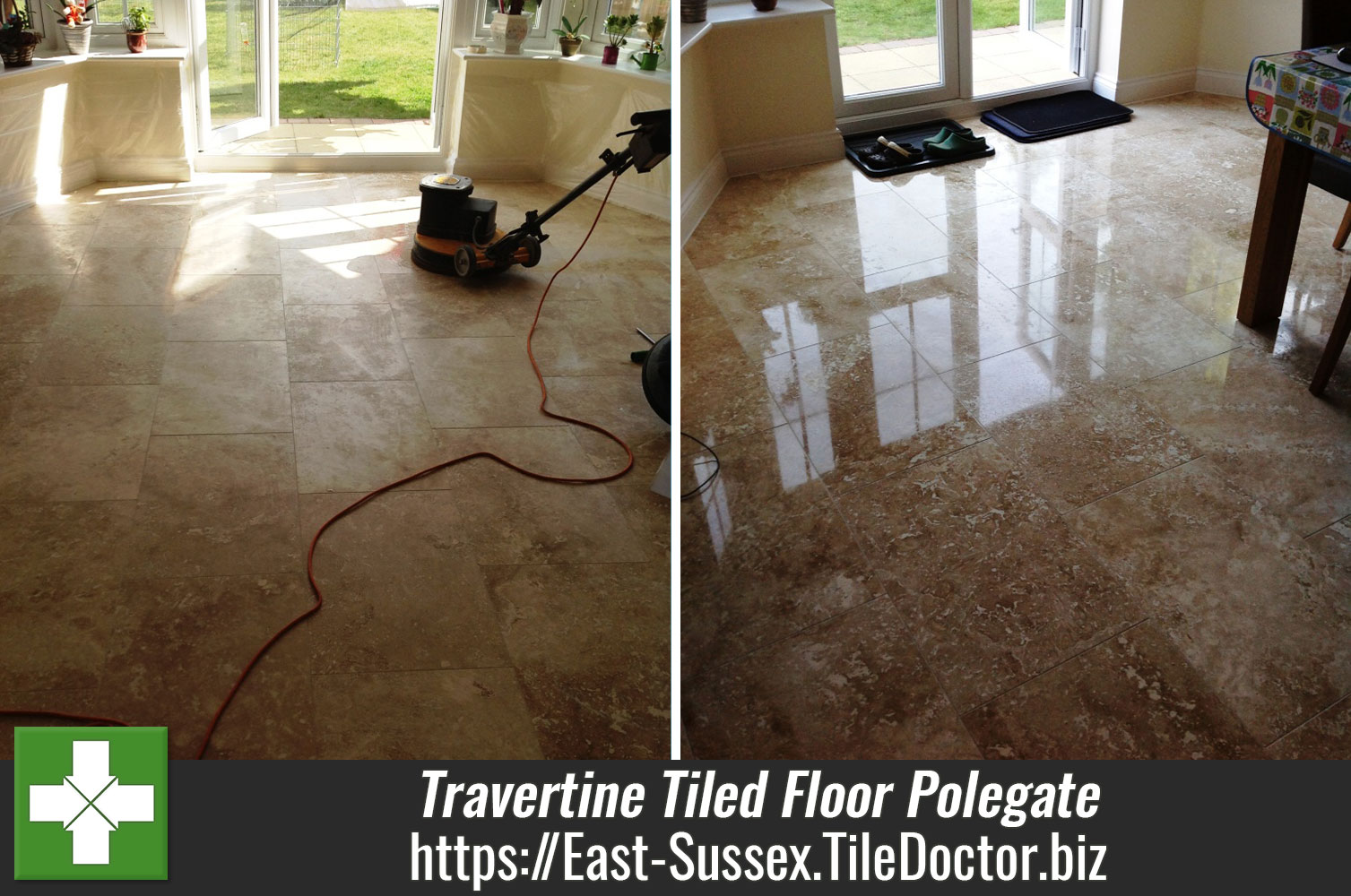 Newly Installed Travertine Tiled Floor Polished and Sealed in Polegate