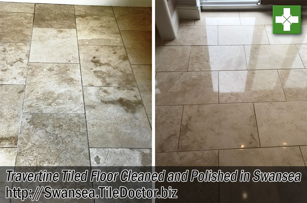 Travertine Tiled Floor Before and After Polishing Swansea
