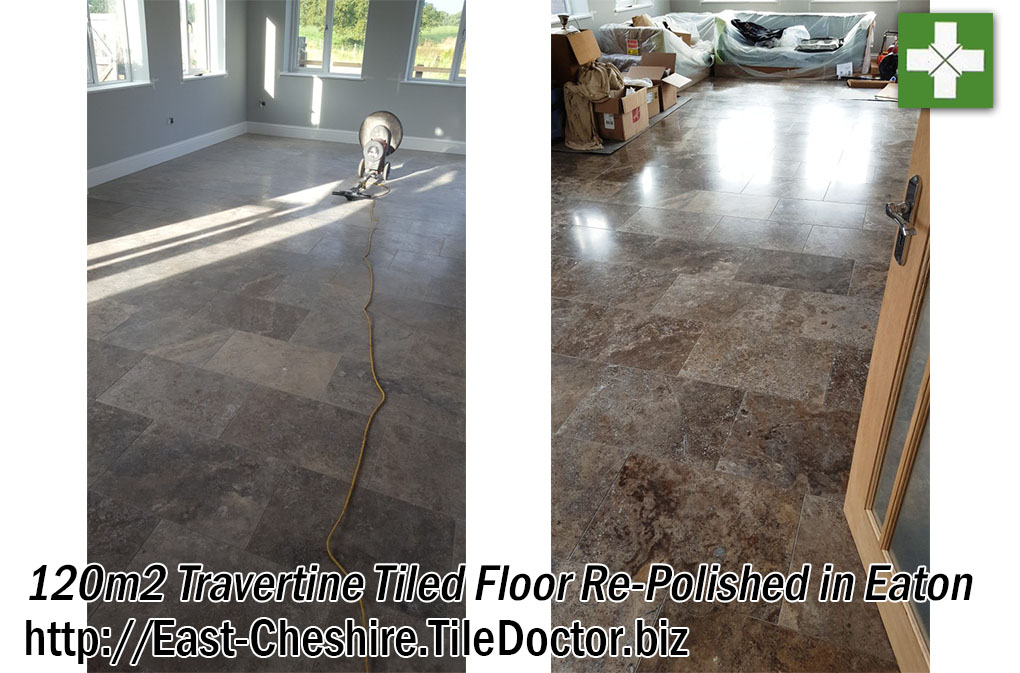 Travertine Tiled Floor Before and After Polishing in Eaton