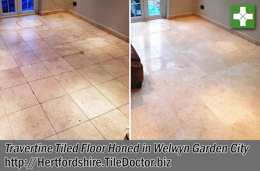 Travertine Tiled Floor Before and After Honing Welwyn Garden City
