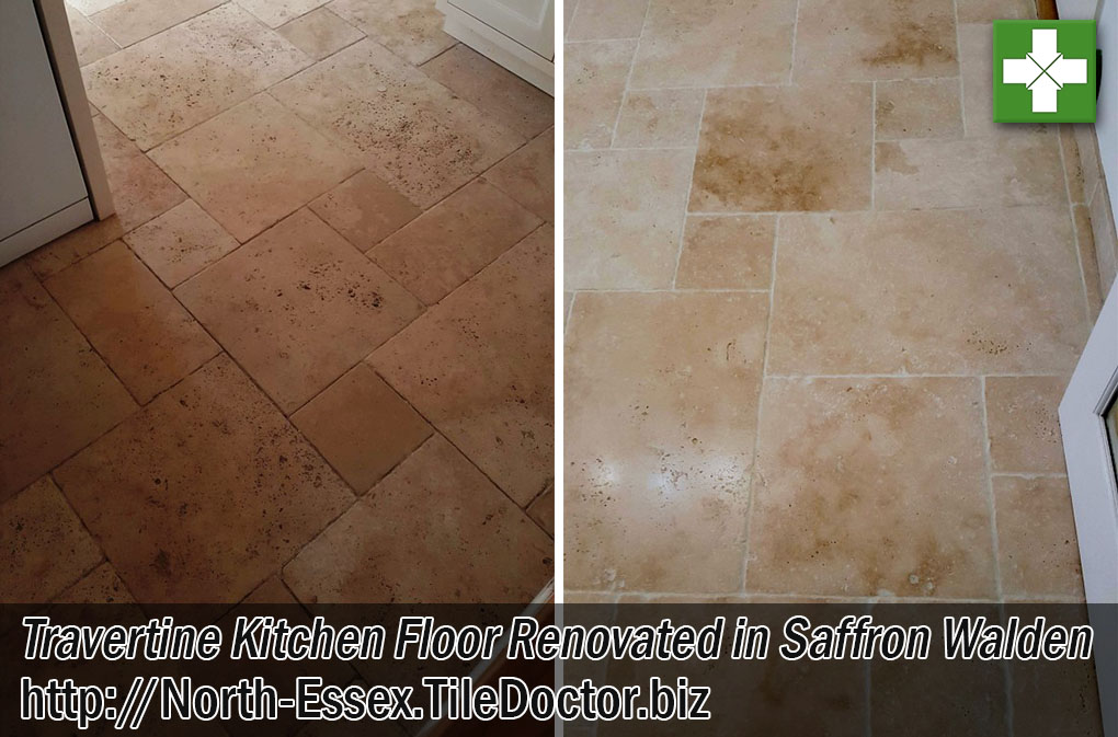 Travertine Tiled Kitchen Floor Before and After Cleaning Saffron Walden