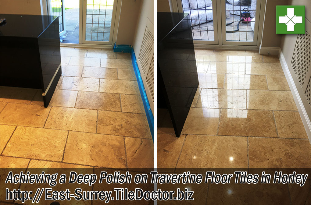 Tumbled Travertine Tiled Hallway Floor Before After Polishing Horley