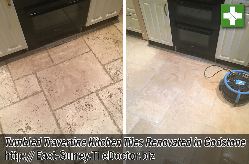 Tumbled Travertine Tiled Kitchen Tiles Before After Cleaning Godstone