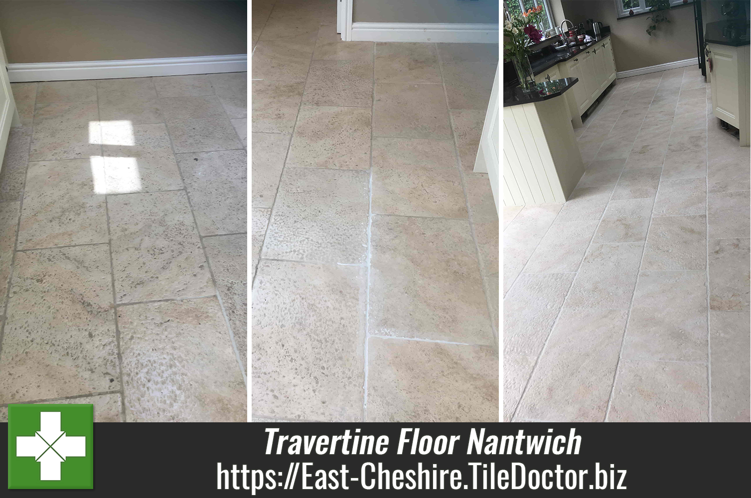 Travertine Kitchen Floor Before and After Cleaning Nantwich